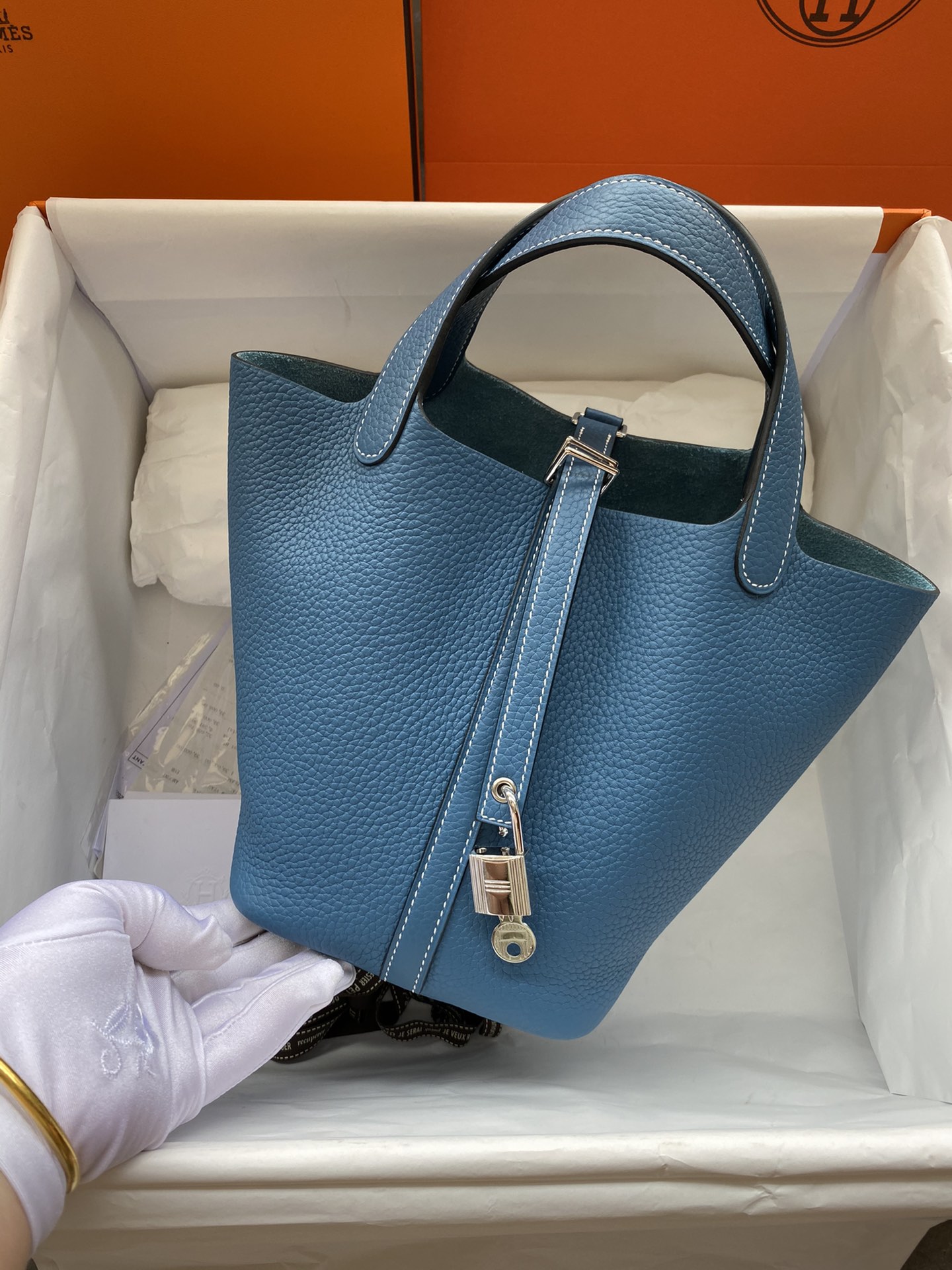 Hermes Picotin Lock 18 Bag In Blue Jean Clemence Leather